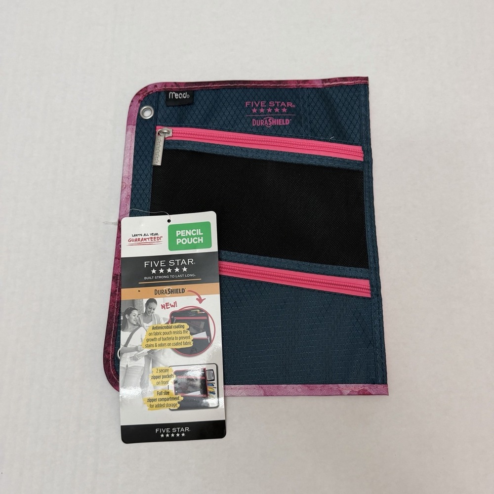Mead Five Star 3 Compartment Zipper Pencil Pouch Case 3 Ring Pink Gray NWT